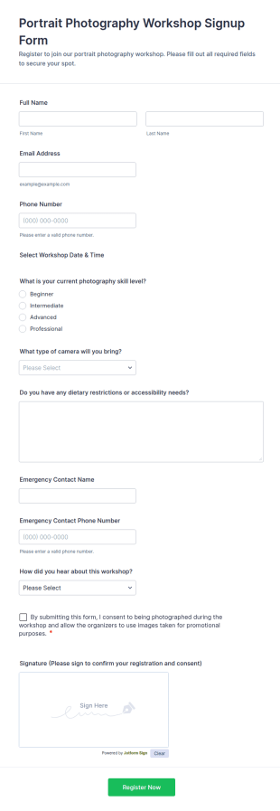 Portrait Photography Workshop Signup Form Template