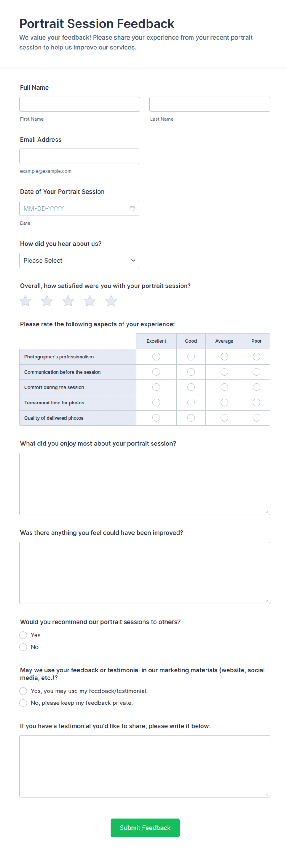 Portrait Session Feedback Form Template | Jotform
