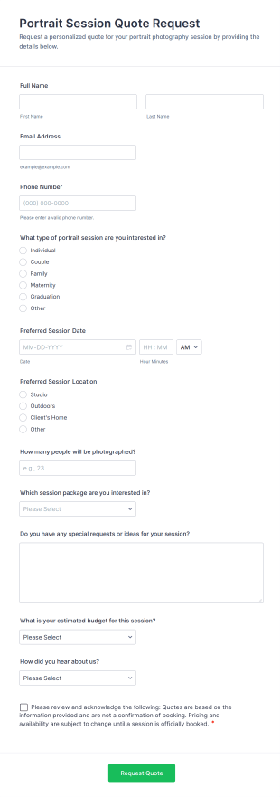 Portrait Session Quote Request Form Template