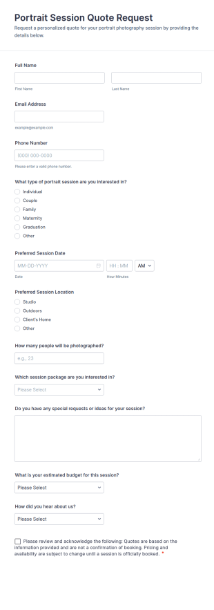 Portrait Session Quote Request Form Template