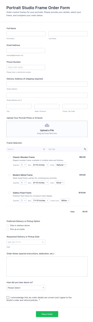 Portrait Studio Frame Order Form Template