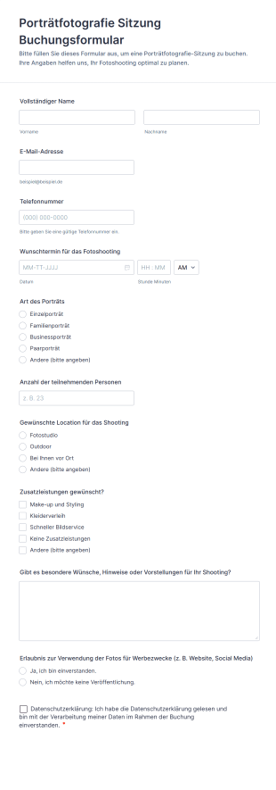 Porträtfotografie Sitzung Buchungsformular