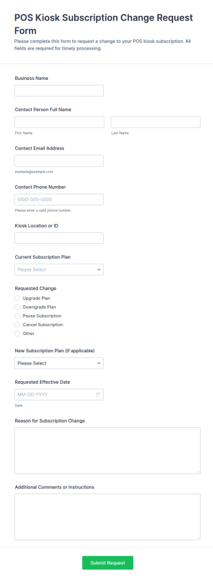 POS Kiosk Subscription Change Request Form Template