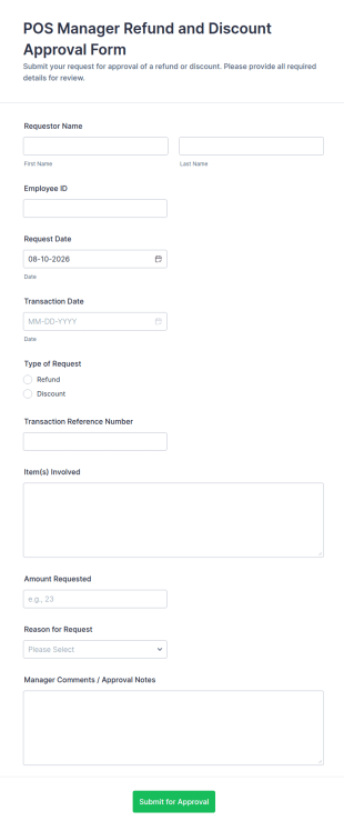 POS Manager Refund And Discount Approval Form Template