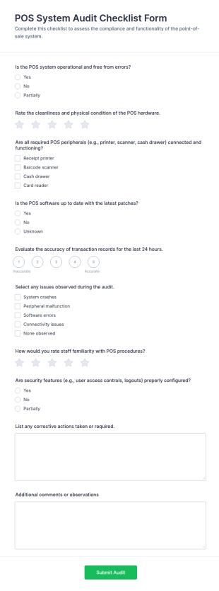 POS System Audit Checklist Form Template