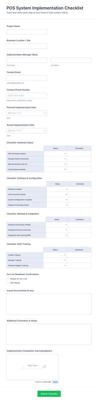 POS System Implementation Checklist Form Template