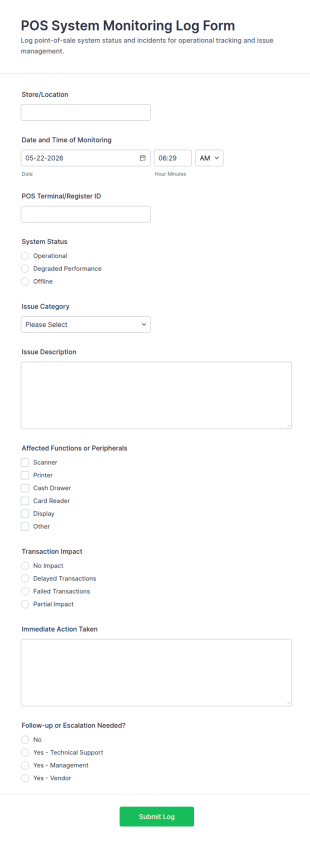 POS System Monitoring Log Form Template