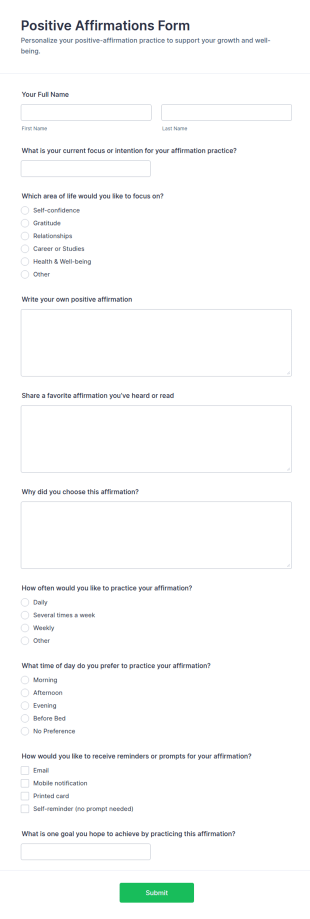 Positive Affirmations Form Template