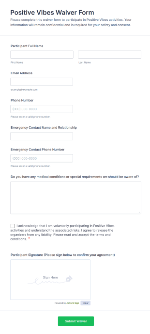 Positive Vibes Waiver Form Template