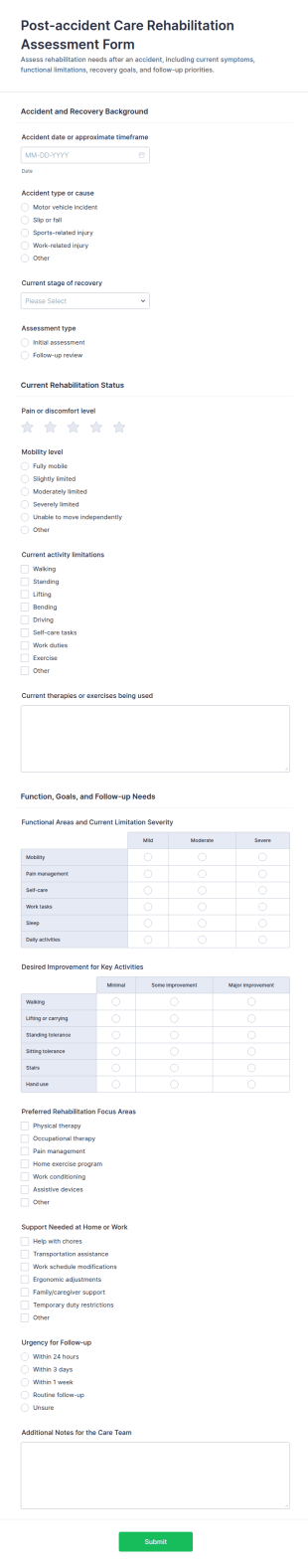 Post Accident Care Rehabilitation Assessment Form Template