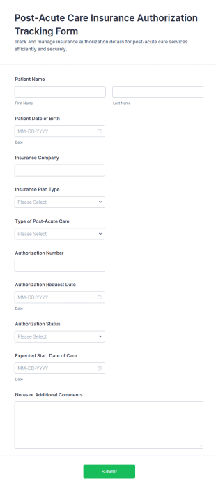 Post Acute Care Insurance Authorization Tracking Form Template