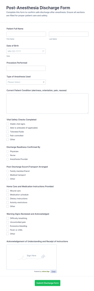 Post Anesthesia Discharge Form Template