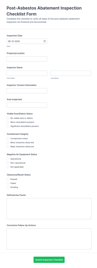 Post Asbestos Abatement Inspection Checklist Form Template