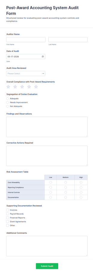 Post Award Accounting System Audit Form Template