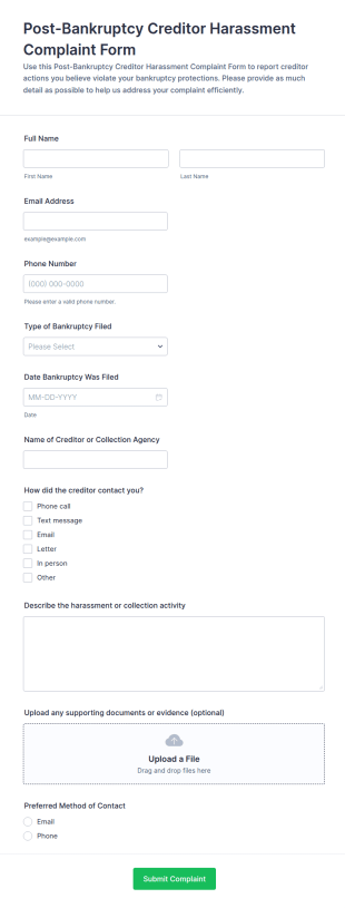 Post Bankruptcy Creditor Harassment Complaint Form Template