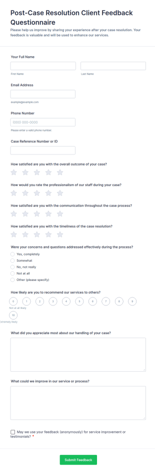 Post Case Resolution Client Feedback Questionnaire Form Template