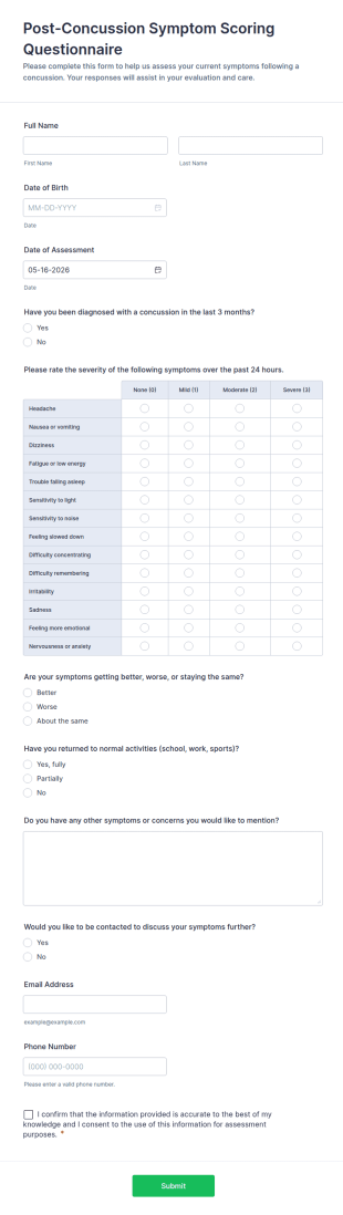 Post Concussion Symptom Scoring Questionnaire Form Template