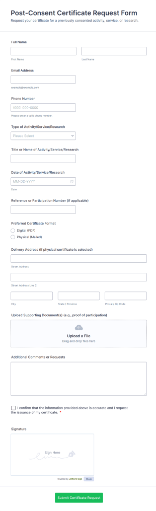 Post Consent Certificate Request Form Template