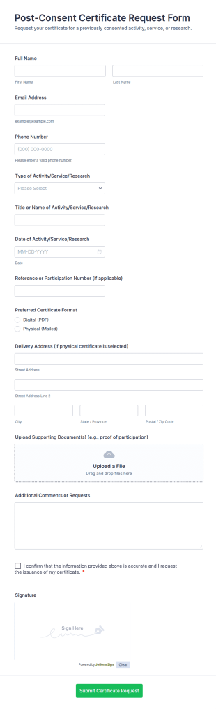 Post Consent Certificate Request Form Template