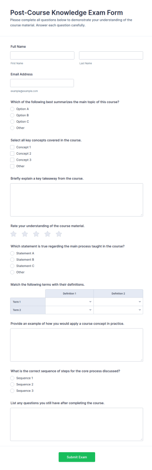 Post Course Knowledge Exam Form Template