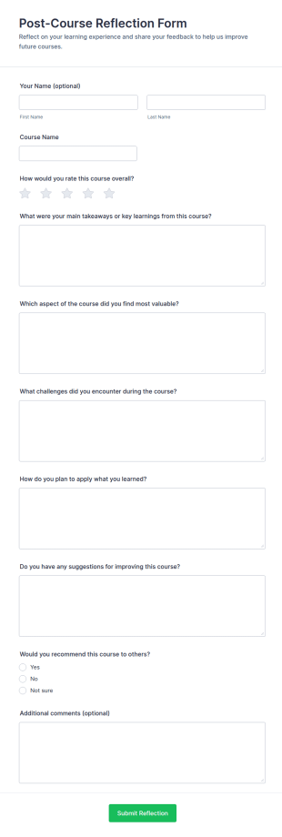 Post Course Reflection Form Template