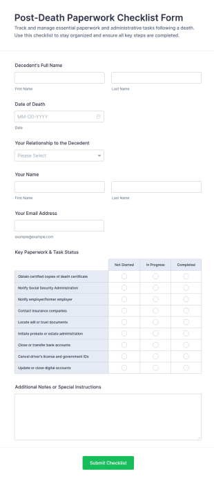 Post Death Paperwork Checklist Form Template