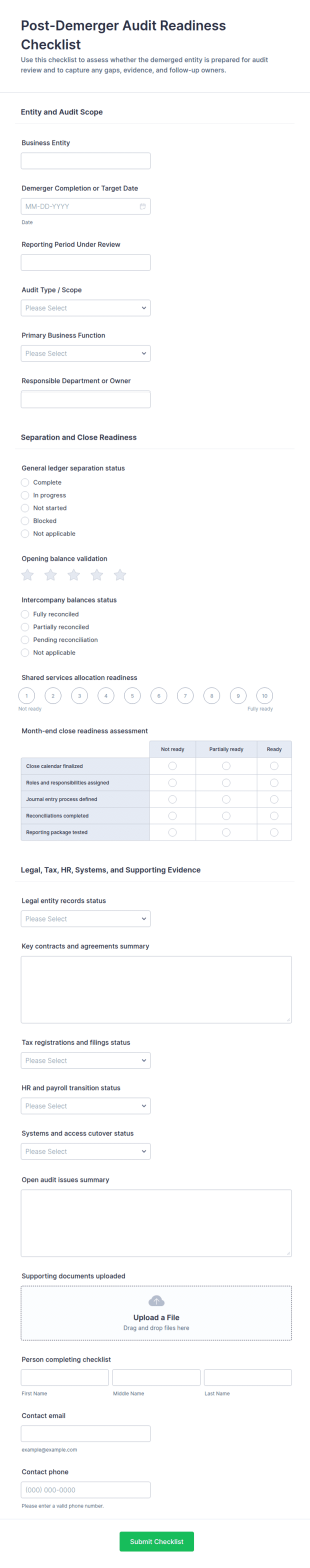 Post Demerger Audit Readiness Checklist Form Template
