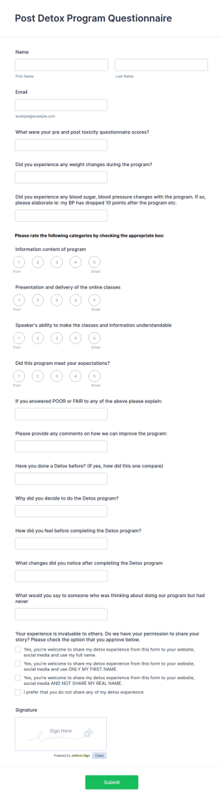 Post Detox Program Questionnaire Template