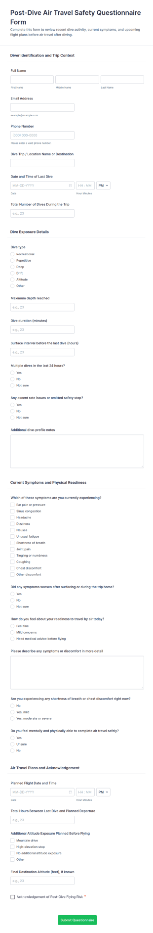 Post Dive Air Travel Safety Questionnaire Form Template