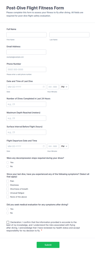 Post Dive Flight Fitness Form Template