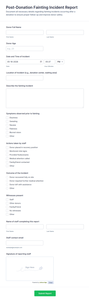 Post Donation Fainting Incident Report Form Template