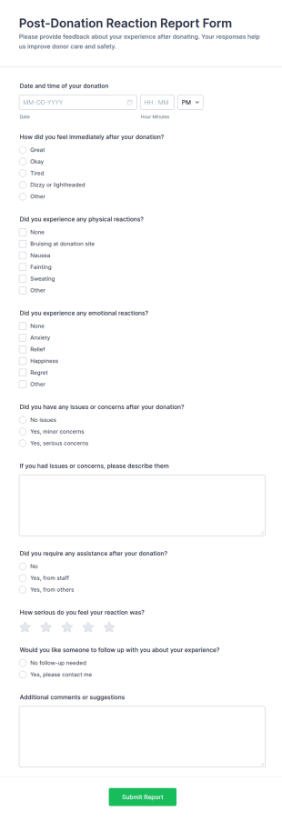 Post Donation Reaction Report Form Template