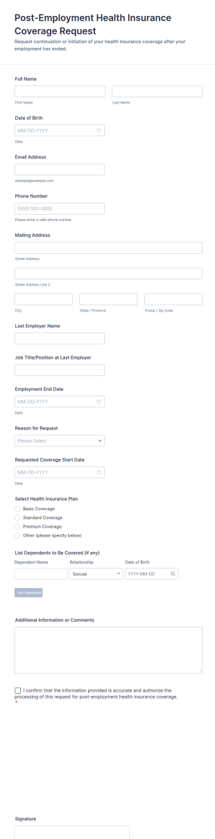 Post Employment Health Insurance Coverage Request Form Template