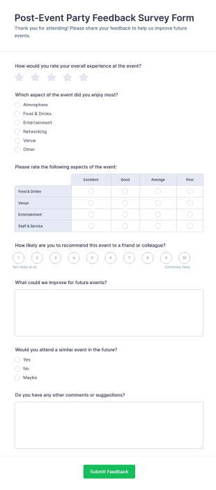 Post Event Party Feedback Survey Form Template