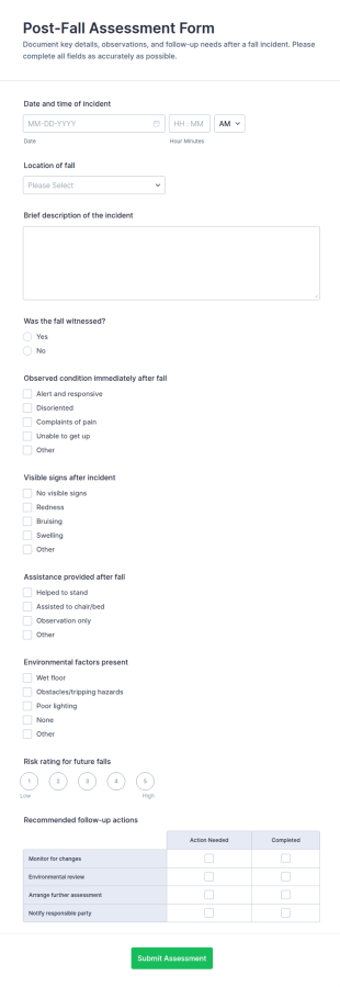 Post Fall Assessment Form Template
