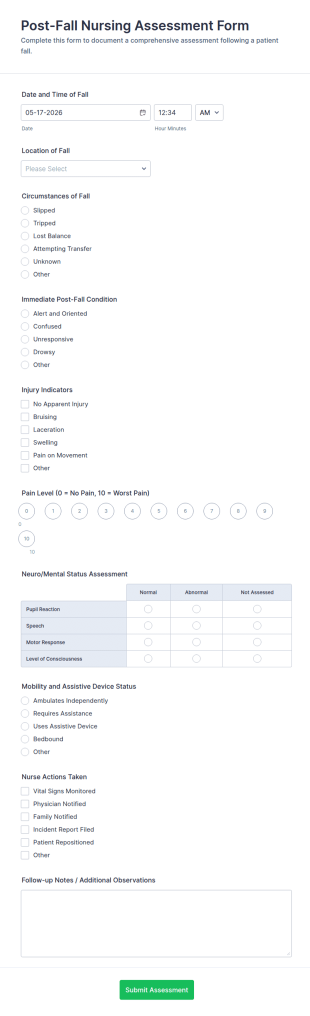 Post Fall Nursing Assessment Form Template