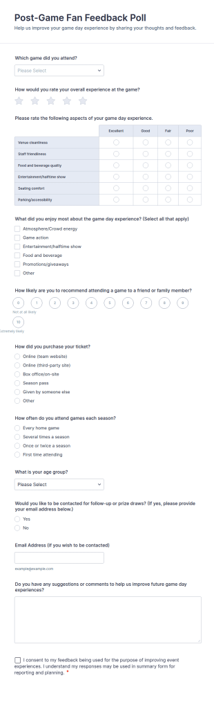 Post Game Fan Feedback Poll Form Template