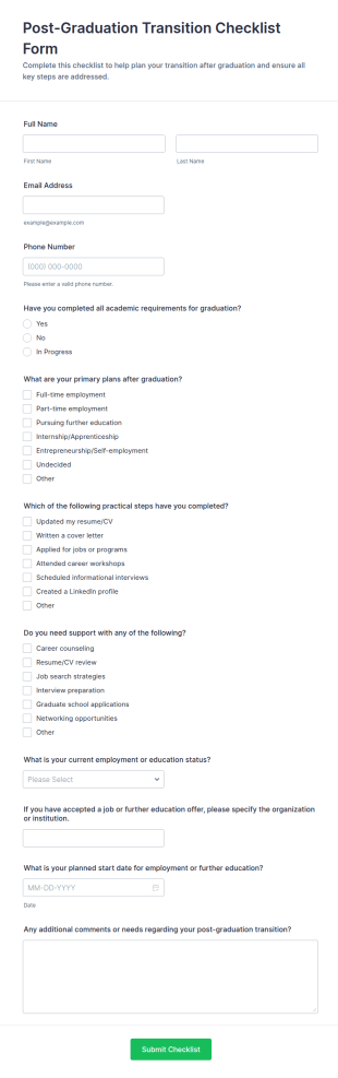 Post Graduation Transition Checklist Form Template