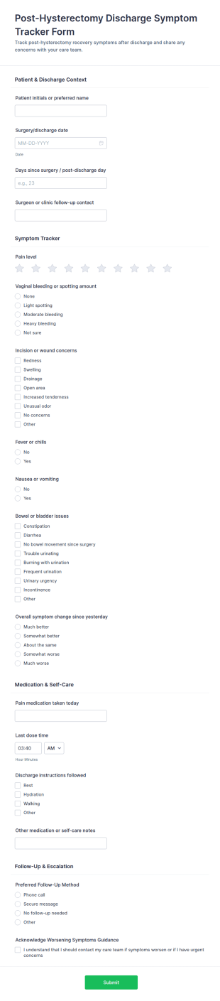 Post Hysterectomy Discharge Symptom Tracker Form Template