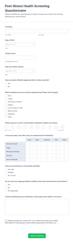 Post Illness Health Screening Questionnaire Form Template