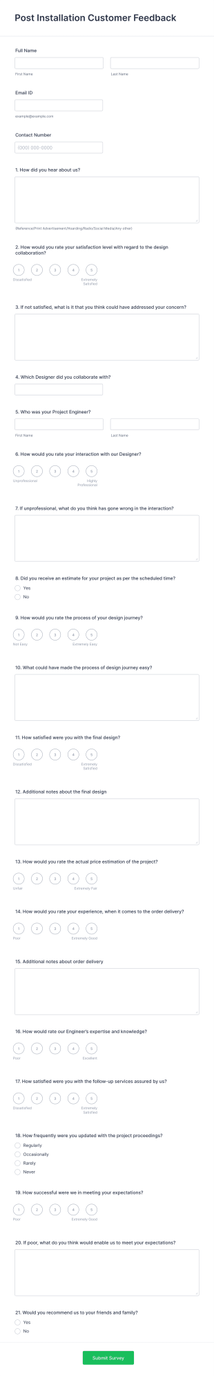 Post Installation Customer Feedback Form Template