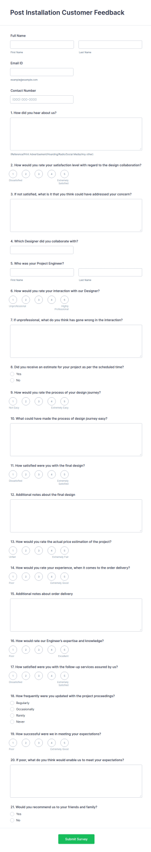Post Installation Customer Feedback Form Template