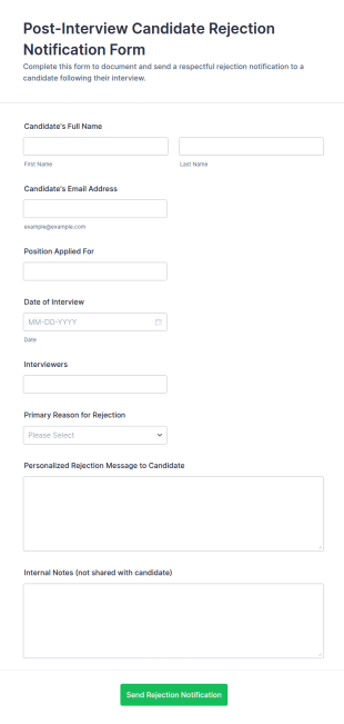 Post Interview Candidate Rejection Notification Form Template