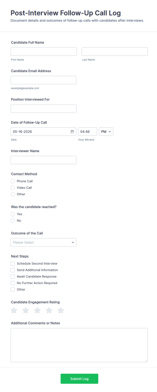 Post Interview Follow Up Call Log Form Template