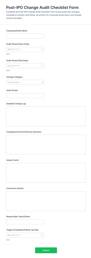 Post IPO Change Audit Checklist Form Template