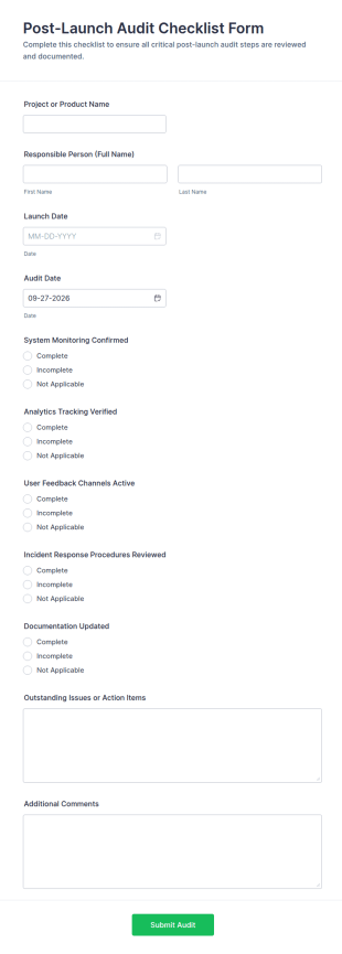 Post Launch Audit Checklist Form Template