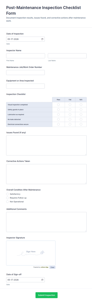 Post Maintenance Inspection Checklist Form Template