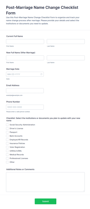 Post Marriage Name Change Checklist Form Template