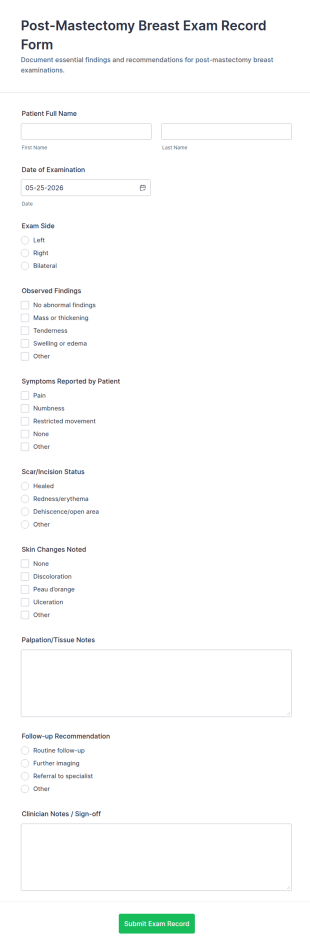 Post Mastectomy Breast Exam Record Form Template