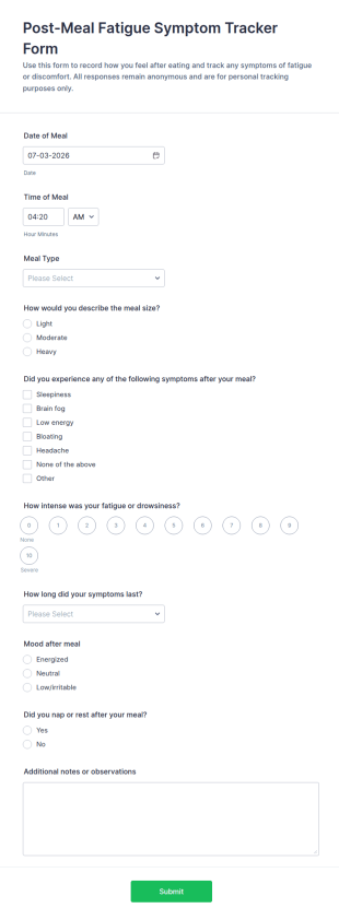 Post Meal Fatigue Symptom Tracker Form Template